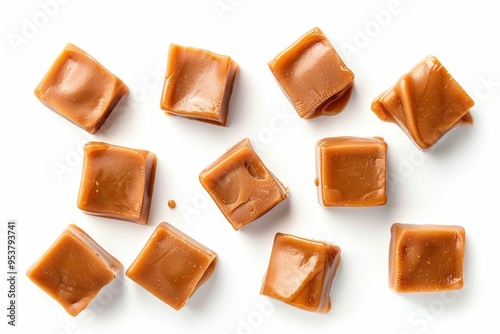 various caramel pieces isolated on white background  top view photo