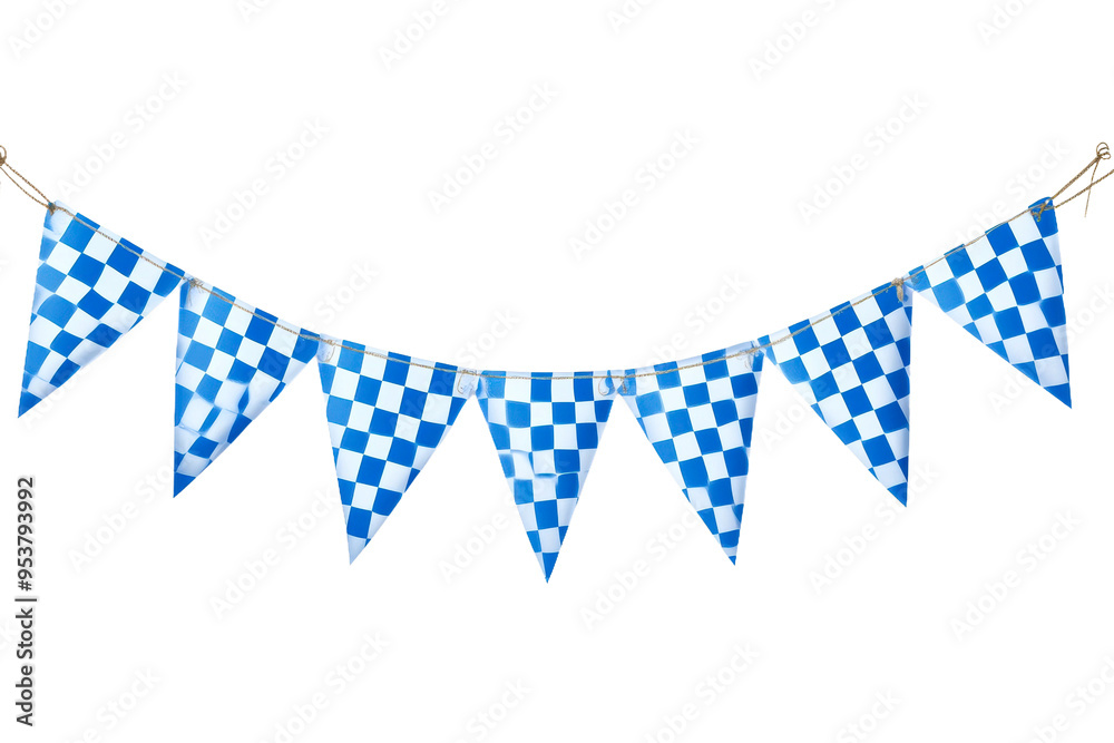 Fototapeta premium Blue and white checkered bunting for parties isolated on transparent background