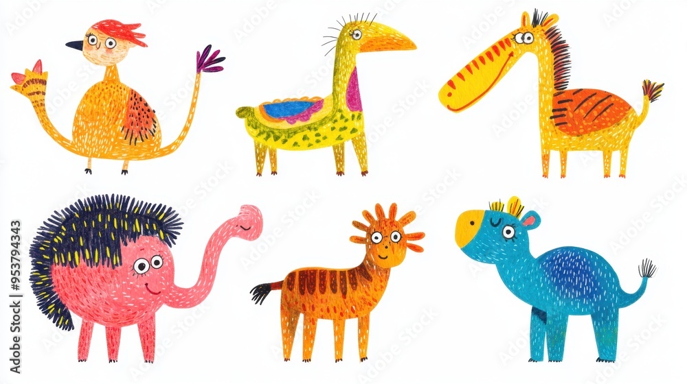 Fototapeta premium A collection of six hand-drawn animals by a 3-year-old, each in a unique pose. The illustrations are colorful and whimsical, perfect for children's content.