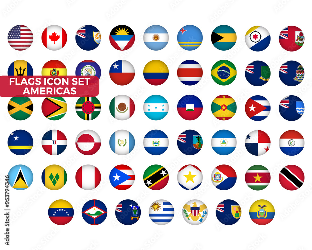 Americas Flag Icons Set. America Countries Circled Flags - USA, Canada, Argentina and other. Stock Graphics Element. 52 symbols