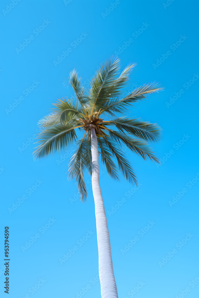 Obraz premium clean photo of a palmtree with blue sky background, palmtree, nature photo, beach palm tree