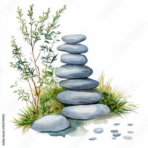 Watercolor painting of balanced stone stack and greenery, symbolizing peace and zen in nature, perfect for mindfulness themes.