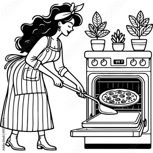 Woman Taking Pizza Out Of Oven.