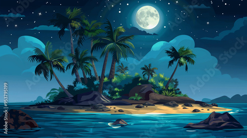 The dark small island with palm trees, game background, Illustration