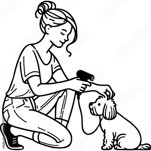 Woman Drying Dog with Hairdryer.