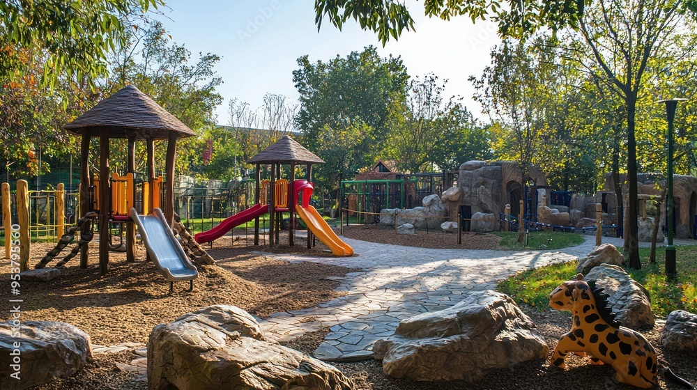 A kids zoo with a colorful playground and animal exhibits. A kids zoo with a colorful playground and animal exhibits.
