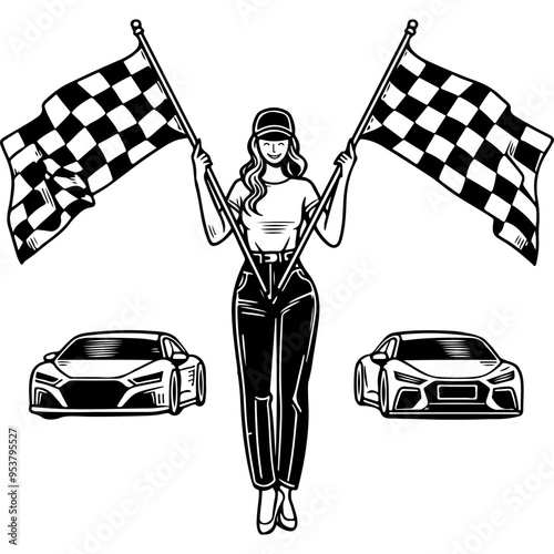 Race Car Girl Holding Checkered Flags.