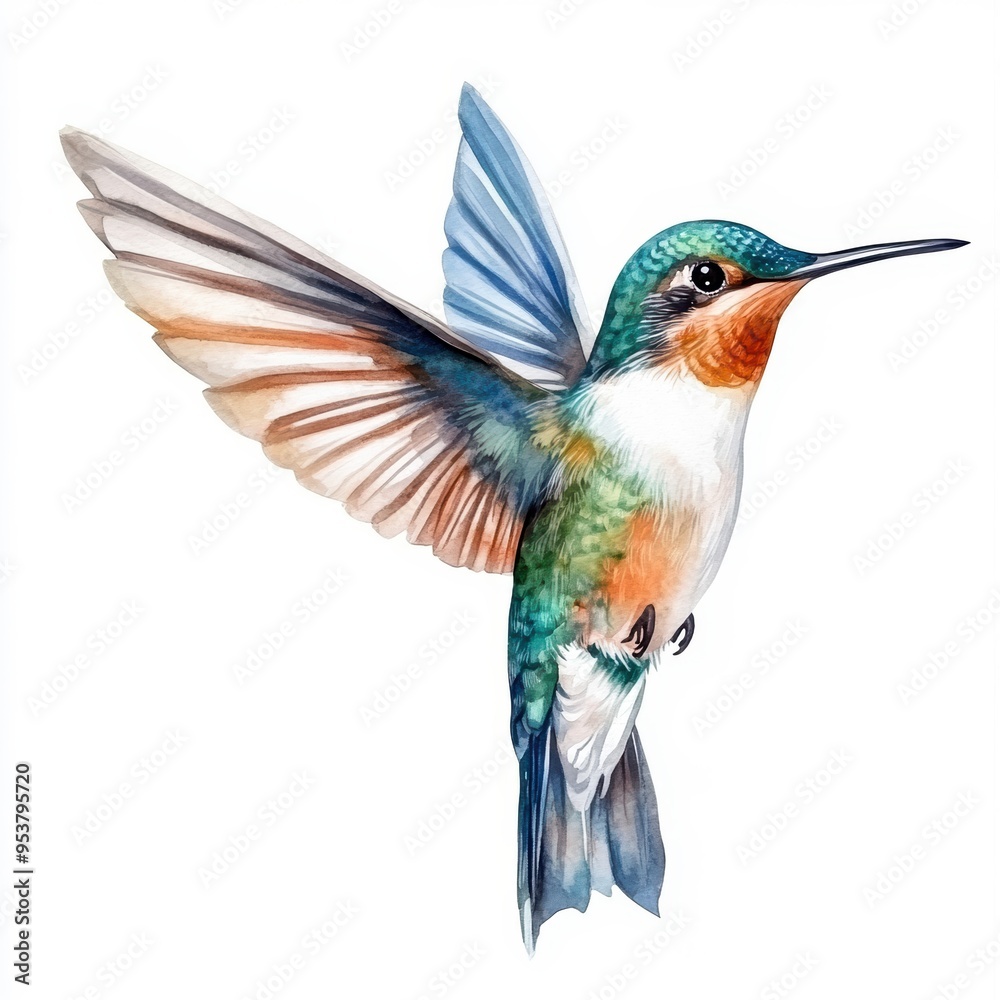 Fototapeta premium Vibrant watercolor illustration of a hummingbird in flight, showcasing detailed feathers and bright colors against a white background.