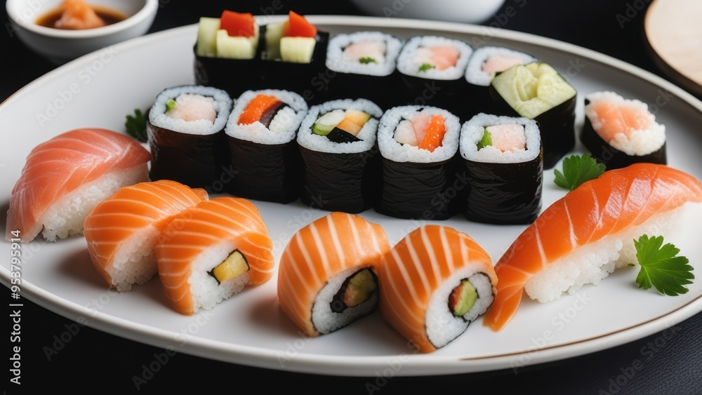 Plate of assorted sushi rolls with various fillings and toppings. Plate of assorted sushi rolls with various fillings and toppings.