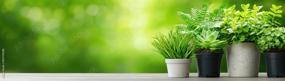 A serene display of potted plants on a table, showcasing vibrant greenery against a blurred natural background. A serene display of potted plants on a table, showcasing vibrant greenery against a blurred natural background.