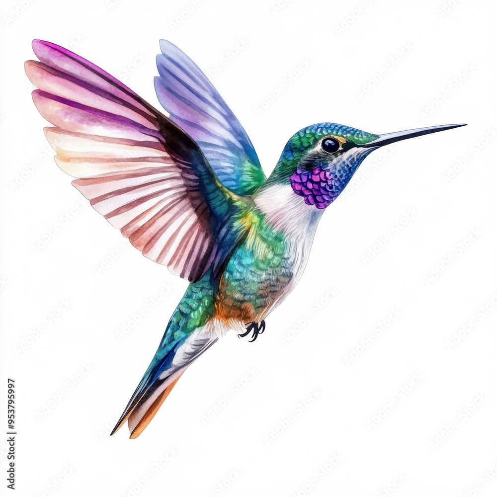 Obraz premium Vibrant illustration of a hummingbird in flight showcasing colorful feathers against a white background.