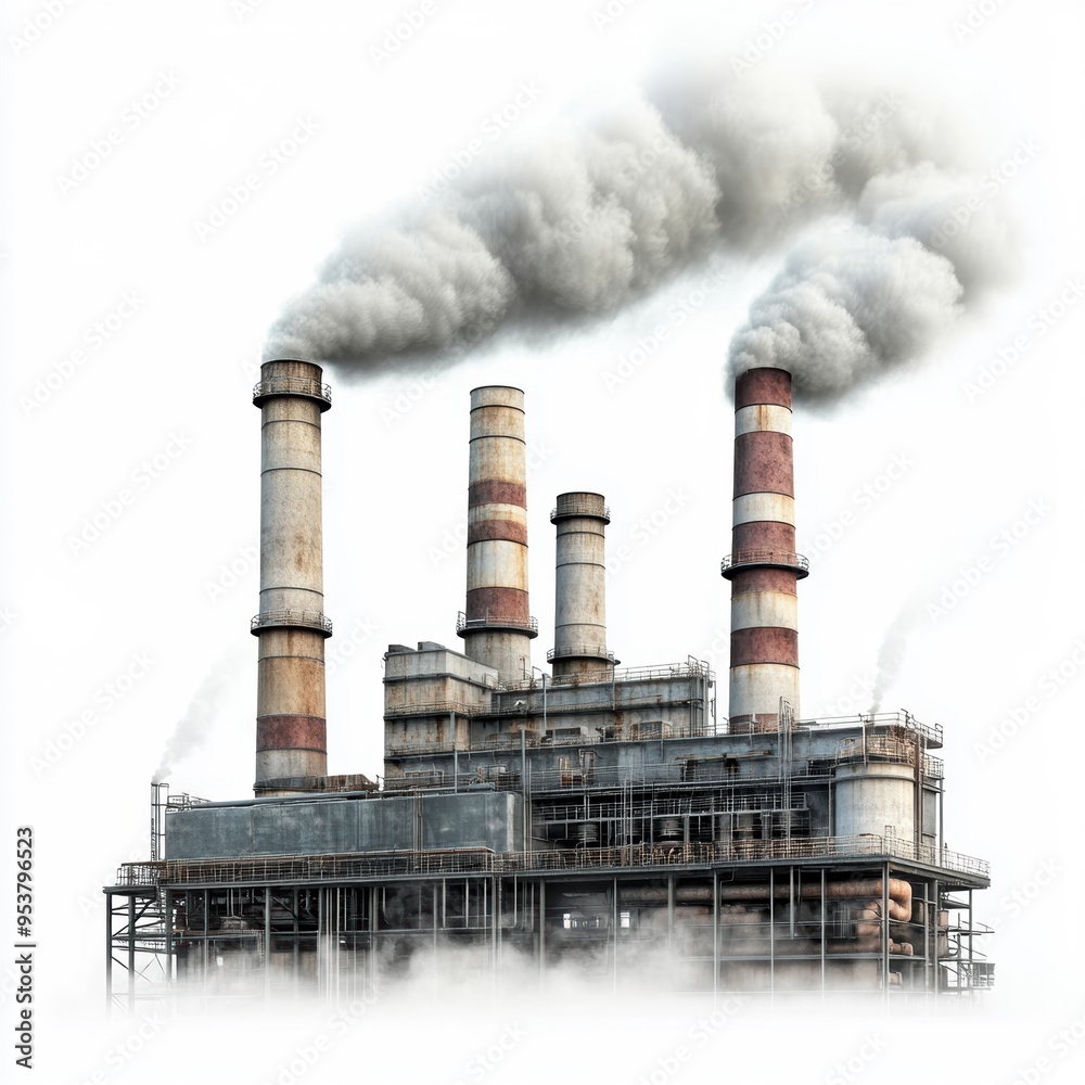 Industrial power plant with four smoking chimneys releasing emissions into the atmosphere. A symbol of pollution and environmental impact. Industrial power plant with four smoking chimneys releasing emissions into the atmosphere. A symbol of pollution and environmental impact.