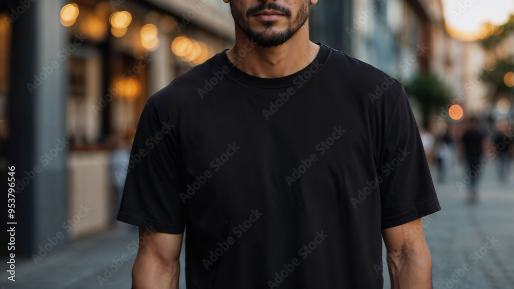 Modello che indossa una maglietta tshirt nera per mokeup senza loghi in mezzo ad una strada, abbigliamento di moda tra i giovani Modello che indossa una maglietta tshirt nera per mokeup senza loghi in mezzo ad una strada, abbigliamento di moda tra i giovani