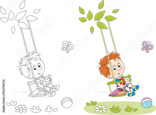 Happy little boy swinging with a merry flittering butterfly on a summer playground in a park, color and black and white outline vector cartoon illustrations