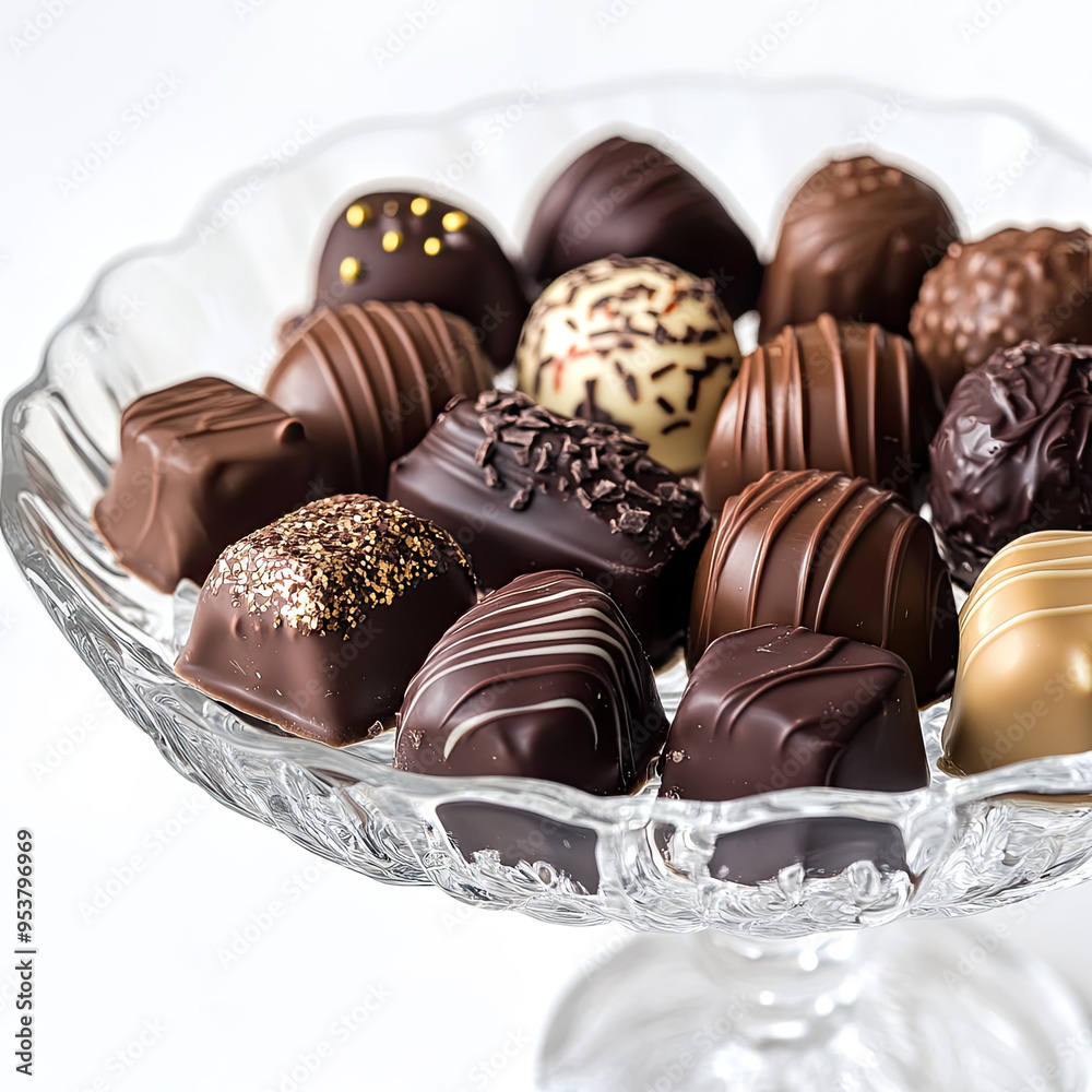 Chocolate candies in a crystal candy bowl close-up, isolated, on a white background.