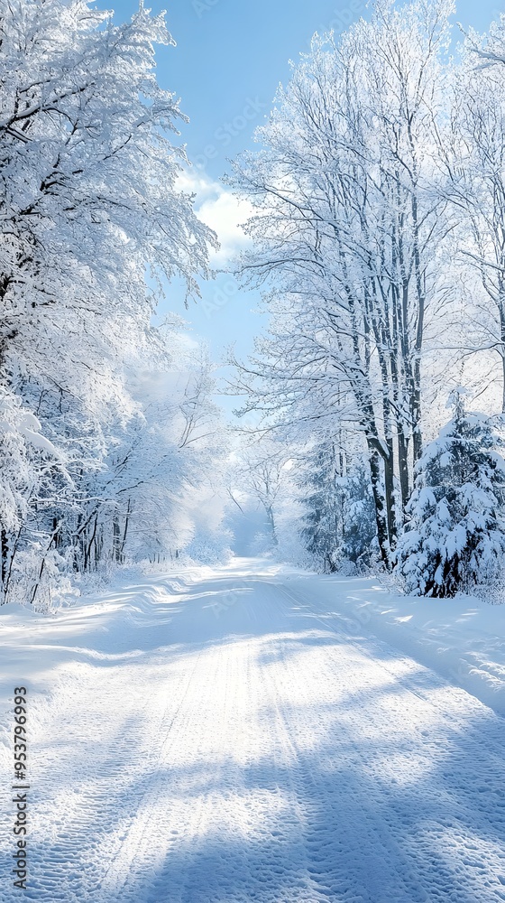 Obraz premium A beautiful winter landscape with white, snow-covered trees and roads covered in fresh powder, creating an enchanting scene of nature's beauty