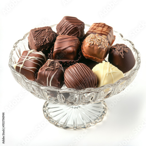 Chocolate candies in a crystal candy bowl close-up, isolated, on a white background.