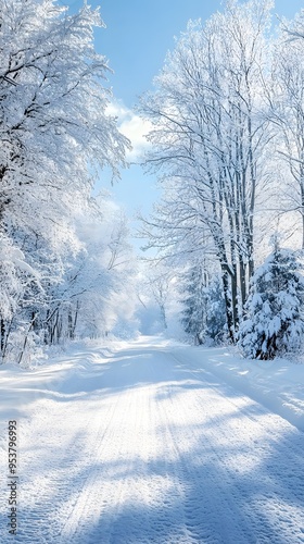 A beautiful winter landscape with white, snow-covered trees and roads covered in fresh powder, creating an enchanting scene of nature's beauty