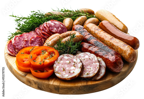 Assorted meats and tomatoes on a wooden platter isolated on transparent background