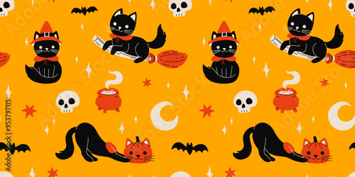 Halloween cats. Black kitten with witch hat, broom and head pumpkin. Witch cauldron, crescent moon and stars, skull vector set of happy cat halloween costume seamless pattern