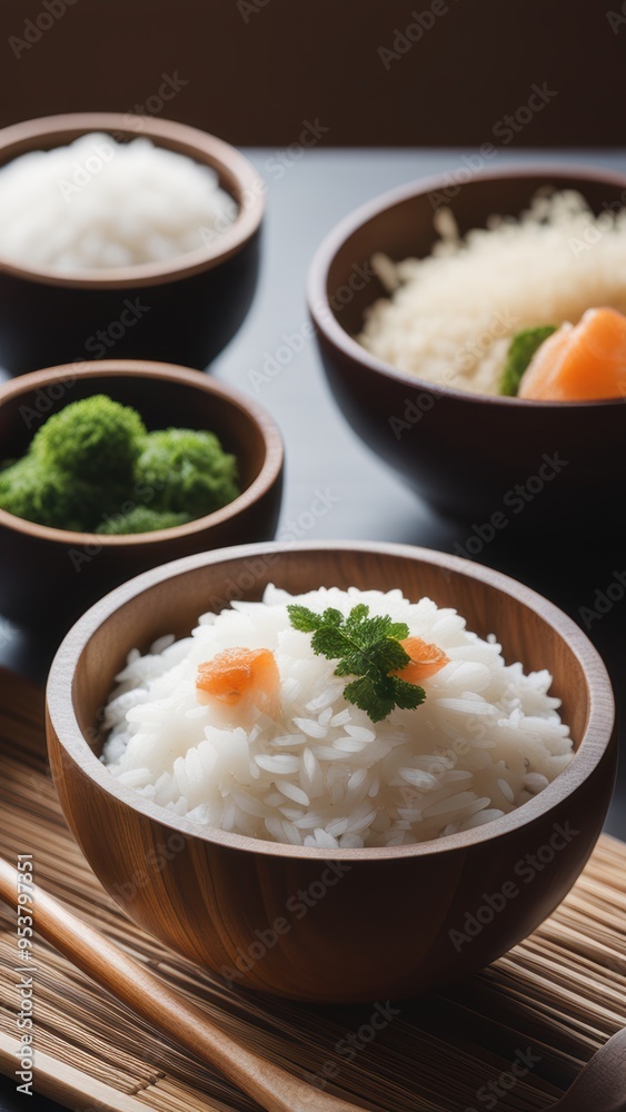 Assorted rice dishes in wooden bowls white brown with veggies suggesting a Japanese-inspired meal on a tray. Assorted rice dishes in wooden bowls white brown with veggies suggesting a Japanese-inspired meal on a tray.