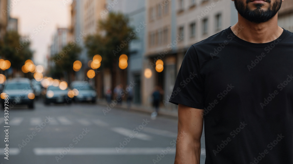 Modello che indossa una maglietta tshirt nera per mokeup senza loghi in mezzo ad una strada, abbigliamento di moda tra i giovani Modello che indossa una maglietta tshirt nera per mokeup senza loghi in mezzo ad una strada, abbigliamento di moda tra i giovani