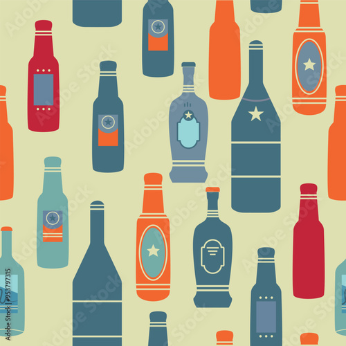 Seamless cartoon background with bottles.