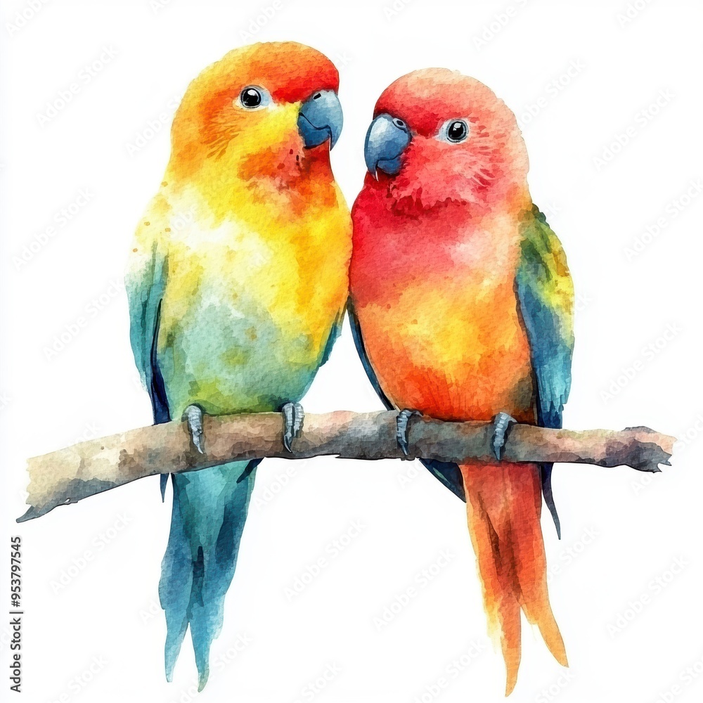 Obraz premium Colorful watercolor painting of two parakeets perched on a branch, showcasing vibrant and detailed artistic bird illustration.