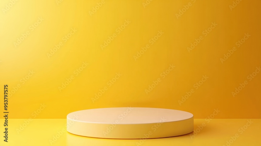 A 3D round product podium in front of a vibrant yellow background, perfect for showcasing products in a clean and modern presentation. The design is minimalistic A 3D round product podium in front of a vibrant yellow background, perfect for showcasing products in a clean and modern presentation. The design is minimalistic