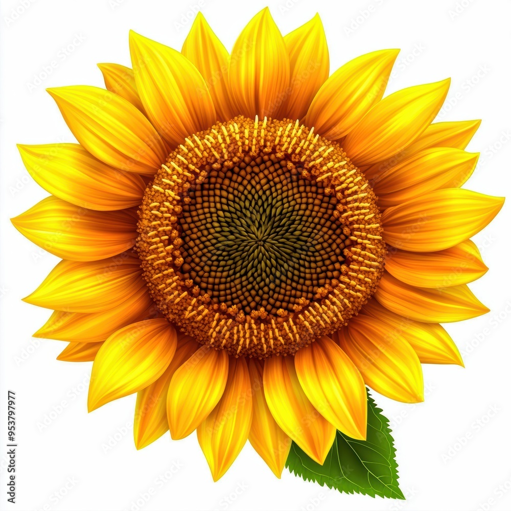 Close-up of a vibrant sunflower with detailed petals and a green leaf against a white background. Perfect for nature and floral themes. Close-up of a vibrant sunflower with detailed petals and a green leaf against a white background. Perfect for nature and floral themes.