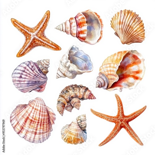 Collection of seashells and starfish isolated on white background. Perfect for beach, sea, and nature-themed projects.