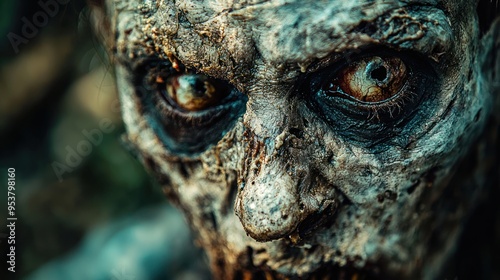 A close-up of a grotesque zombie face with decayed skin and hollow eyes. photo