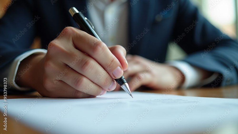 A hand holding a pencil in close-up is signing a contract A hand holding a pencil in close-up is signing a contract