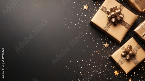 Elegant golden gift boxes adorned with ribbons on a dark background sprinkled with stars and festive glitter.