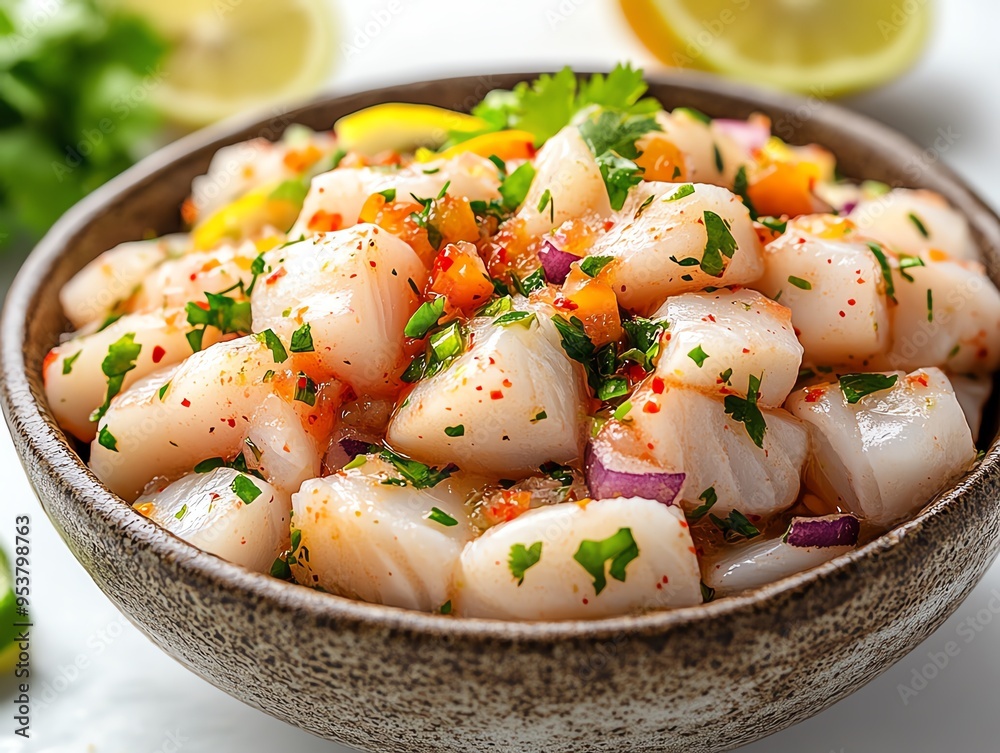 a ceviche with fresh fish, citrusy and zesty, vibrant presentation, isolated on white background a ceviche with fresh fish, citrusy and zesty, vibrant presentation, isolated on white background