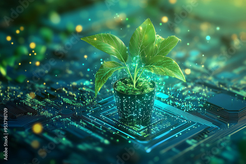 3D rendering of a small plant growing on top of a computer chip as the plant represents the potential for new ideas and advancements in technology