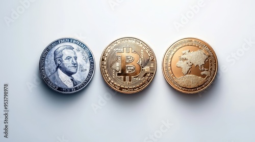 A close-up of various coins, including traditional and cryptocurrency, showcasing the evolution of currency in modern finance.