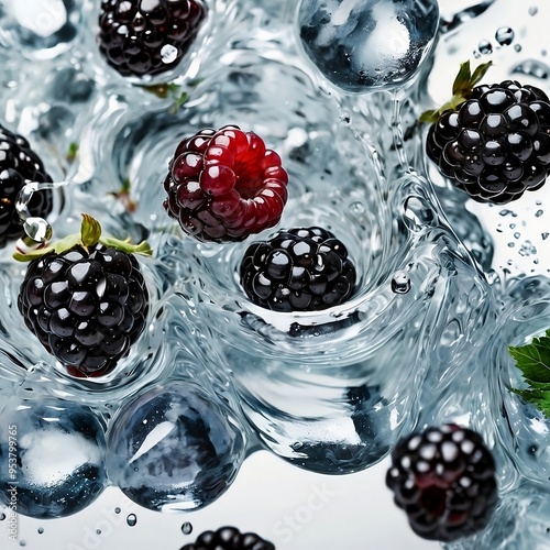 Blueberries , Red berries , Strawberries  in water , Berries in water  photo