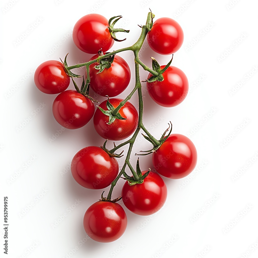 a cluster of grape tomatoes, small and sweet, bright red, isolated on white background a cluster of grape tomatoes, small and sweet, bright red, isolated on white background