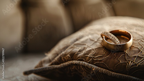 A high-quality stock image of a pair of wedding rings on a decorative pillow on the right side, leaving space on the left for text. Ideal for wedding announcements, engagement promotions.