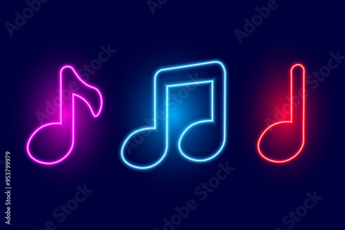 Neon music notes set, vector illustration.