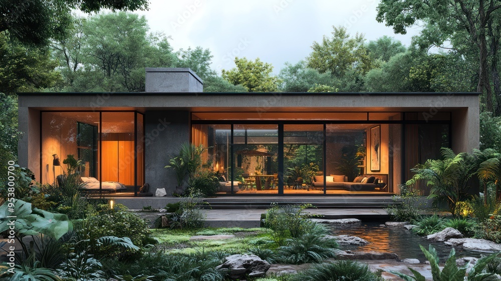 Modern house surrounded by lush greenery and tranquil water features. Modern house surrounded by lush greenery and tranquil water features.