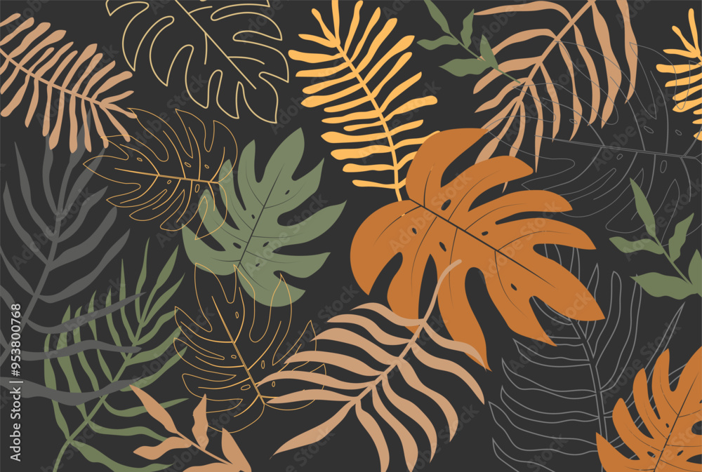 Tropical leaves background. Hand drawn leaves natural. monstera leaves. Exotic plants seamless pattern. floral element. Vector illustration Tropical leaves background. Hand drawn leaves natural. monstera leaves. Exotic plants seamless pattern. floral element. Vector illustration