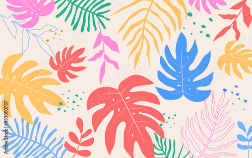 Tropical leaves background. Hand drawn leaves natural. monstera leaves. Exotic plants seamless pattern. floral element. Vector illustration