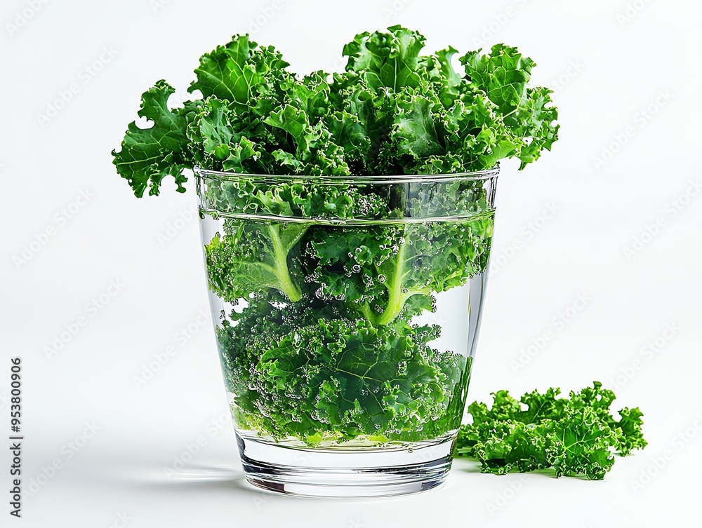 a kale leaf in a glass of water, freshness concept, clean and crisp, isolated on white background a kale leaf in a glass of water, freshness concept, clean and crisp, isolated on white background