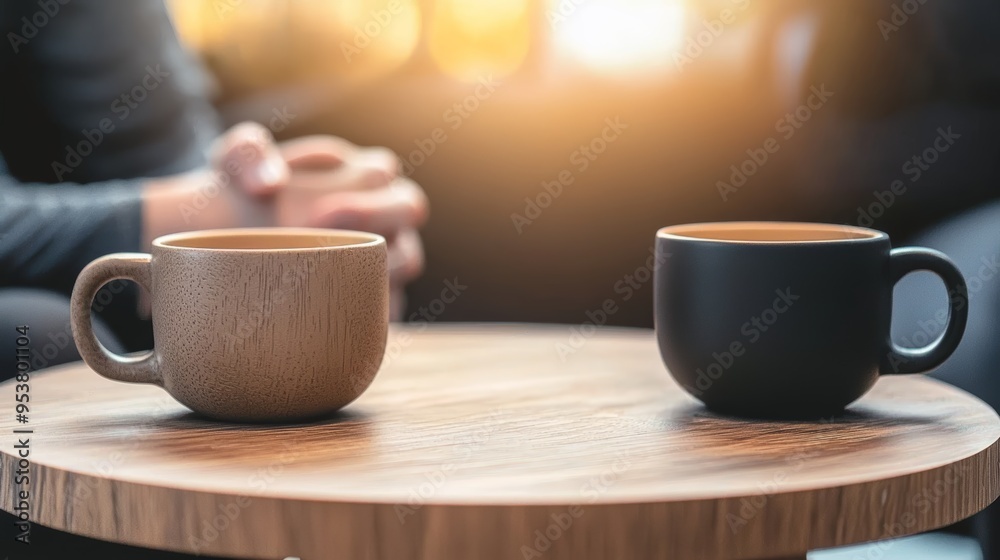 Obraz premium Two stylish coffee cups on a wooden table, creating an inviting atmosphere for conversation and relaxation in soft lighting.