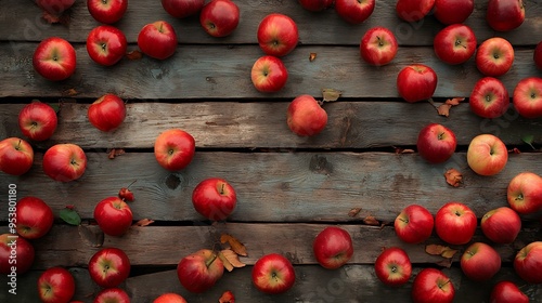 Red Apples Scattered on a Wooden Surface