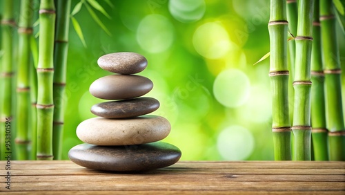 round smooth stones stacked according to Feng Shui - a relaxing atmosphere, tranquility, peace and quiet. background for yoga, presentation, spa treatments, relaxation.