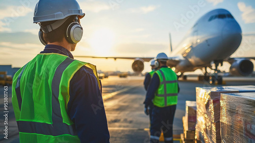 A plane A380 parking near the terminal. Ground crew loading luggage from the plane onto trolleys. Aircraft Airlock - Generative AI.