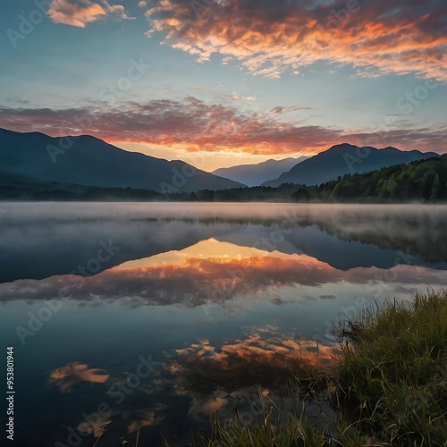 lake and mountens and sunset in the background  photo